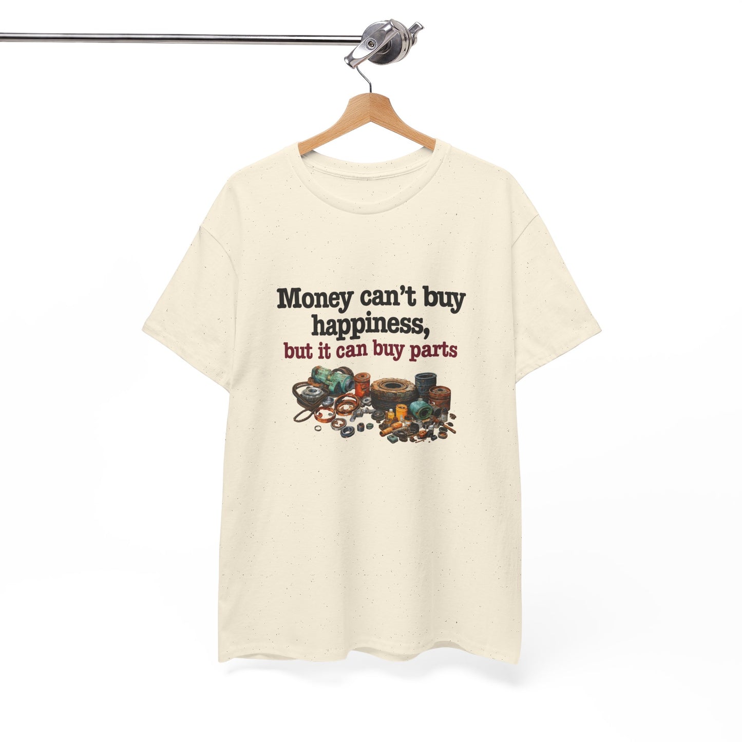 Humorous Men's Shirt: Money Can Buy Parts but Not Happiness Tee