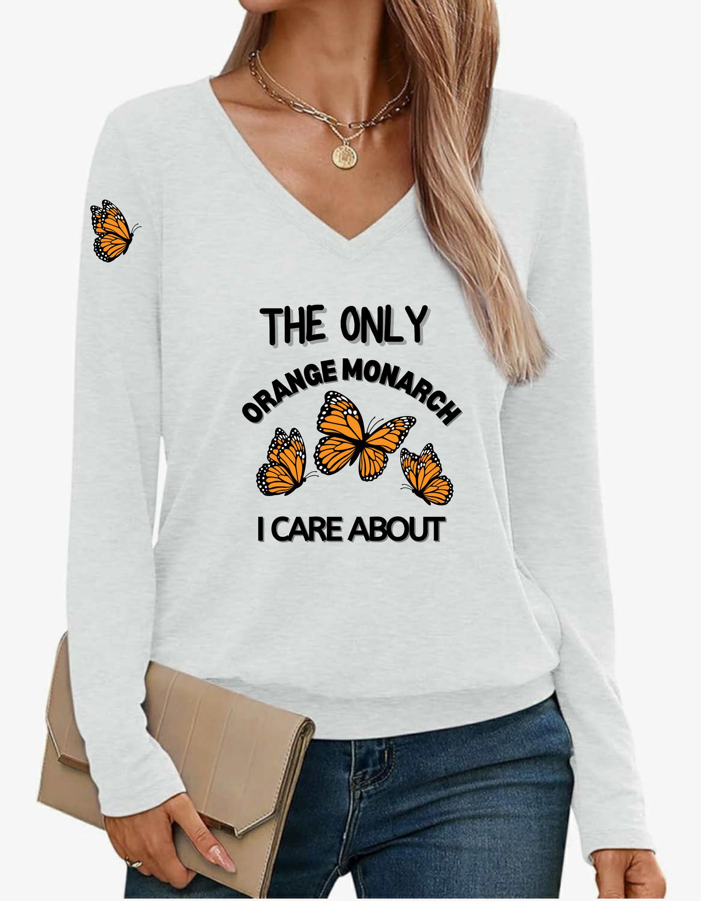 Orange Monarch Long Sleeve Vintage V-Neck