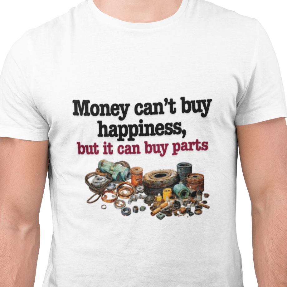 A man wearing a white crew neck t-shirt with text and car parts graphics on the front.