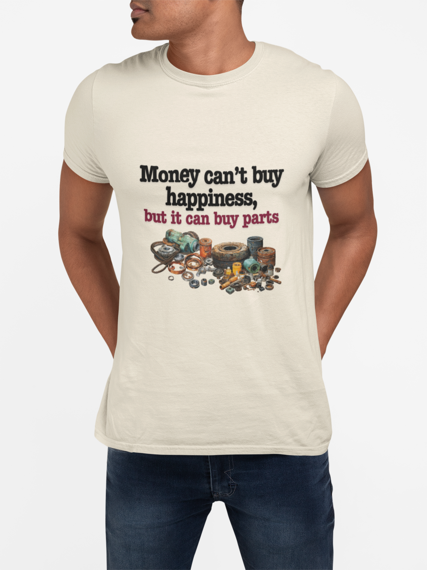 Humorous Men's Shirt: Money Can Buy Parts but Not Happiness Tee
