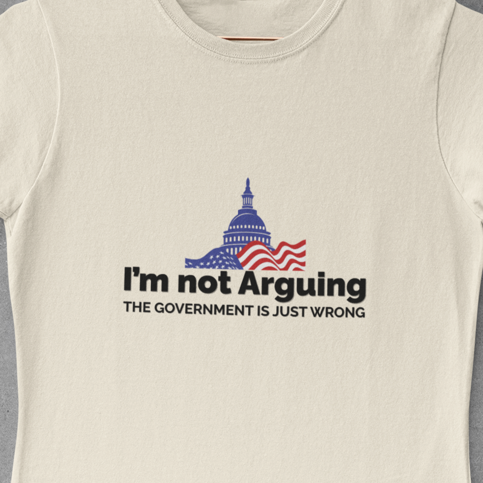 Beige t-shirt with graphic design and text on a gray background