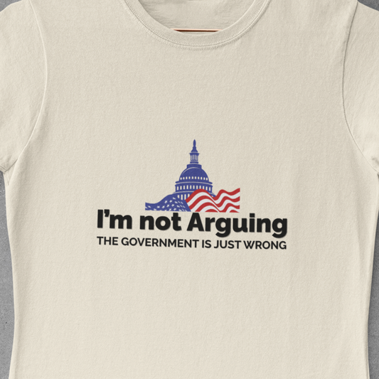 Beige t-shirt with graphic design and text on a gray background