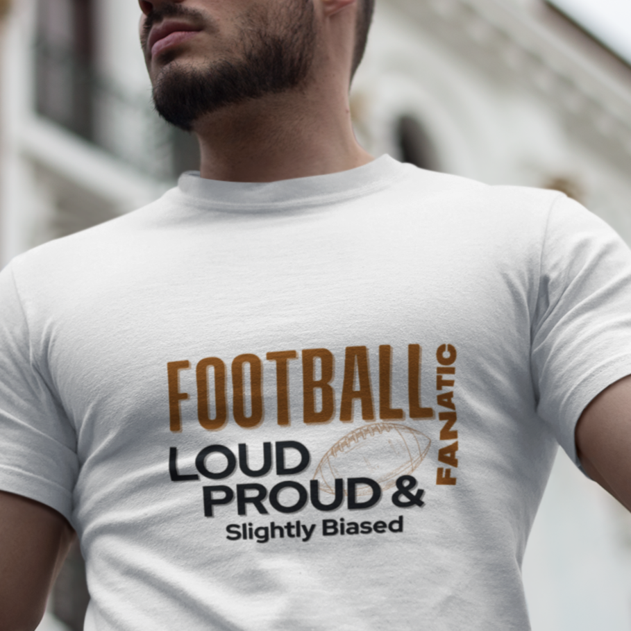 Man wearing a white t-shirt with text in an urban setting