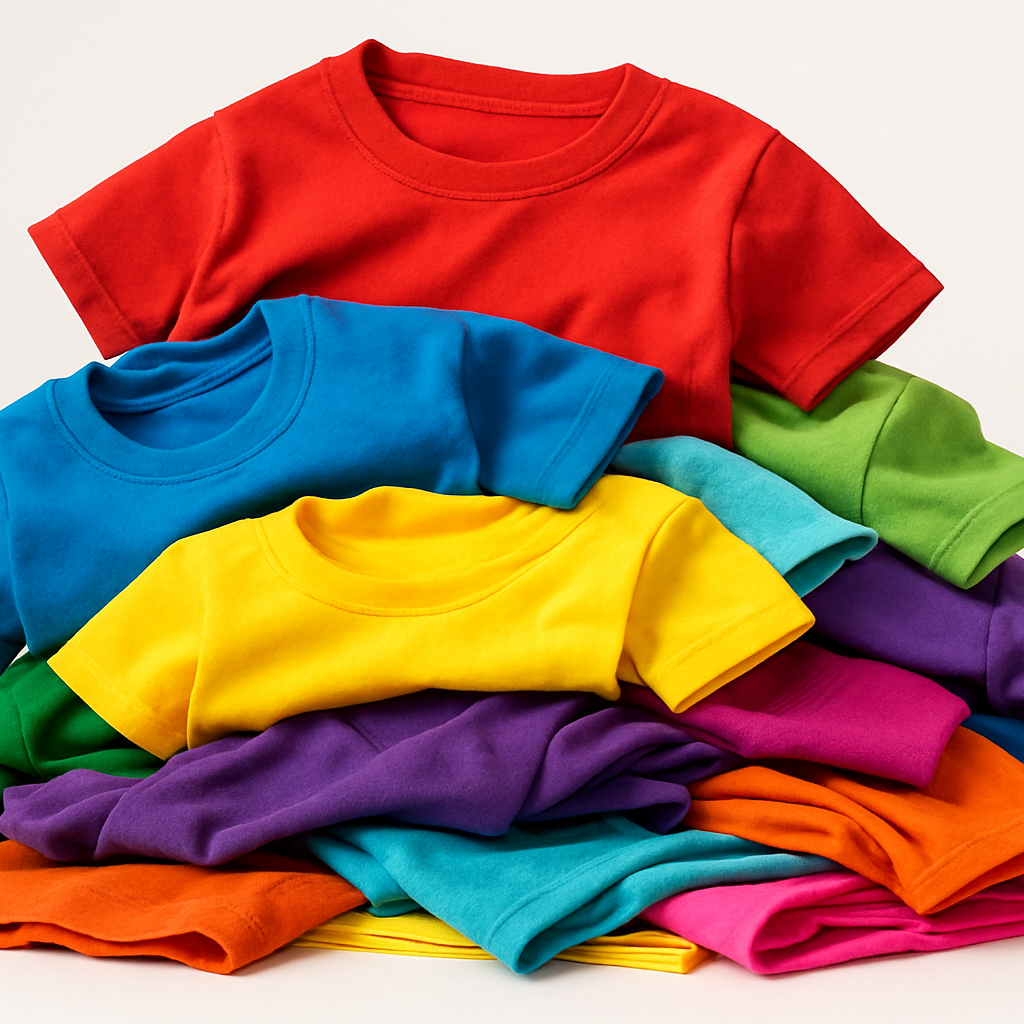 a pile of colorful t-shirts