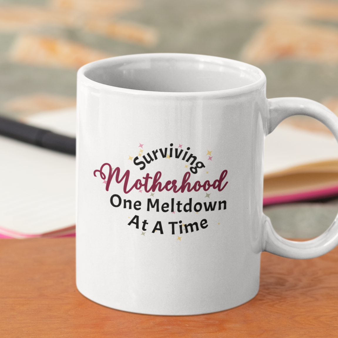 White mug with humorous text on a wooden surface