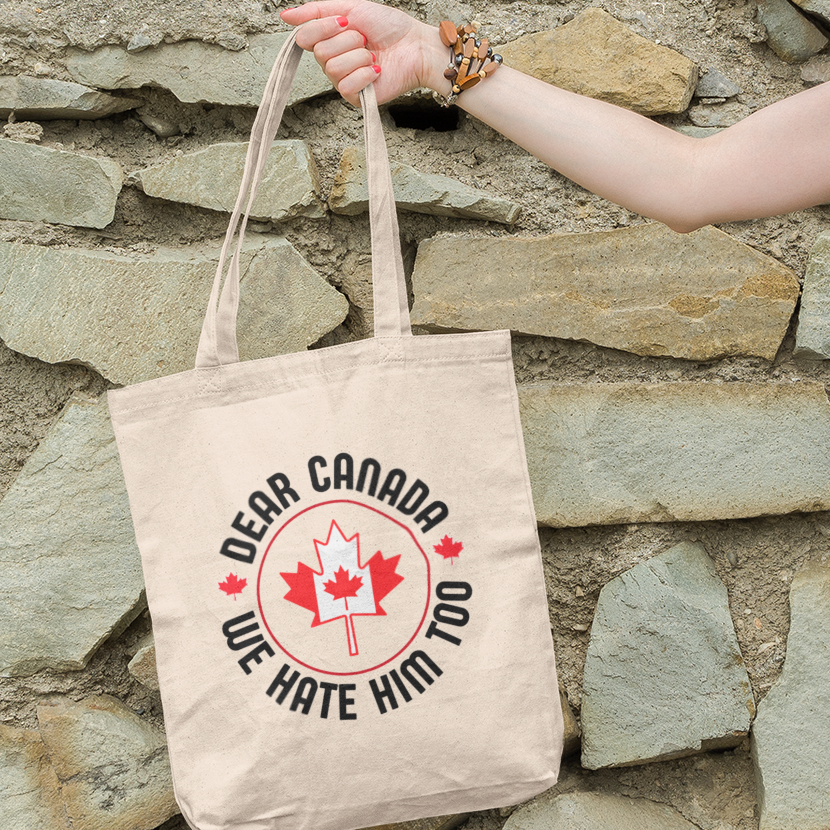 A person holding a beige tote bag with text on it, standing against a stone wall background.